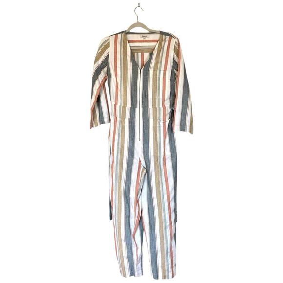 MADEWELL V-Neck Tie-Waist Jumpsuit Cotton Summer Beachy Size 2 Coastal Striped - Picture 3 of 11